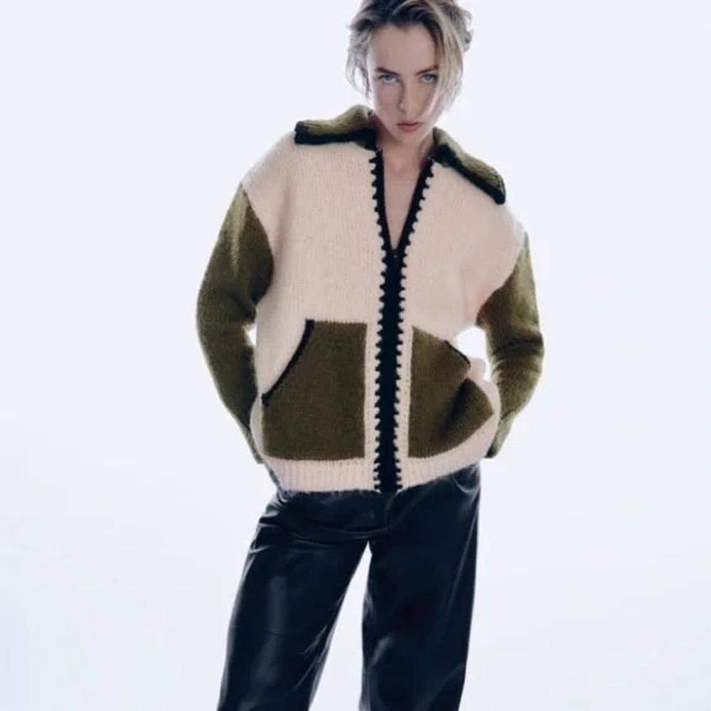 Zara Cream and Olive Green Knit Cardigan